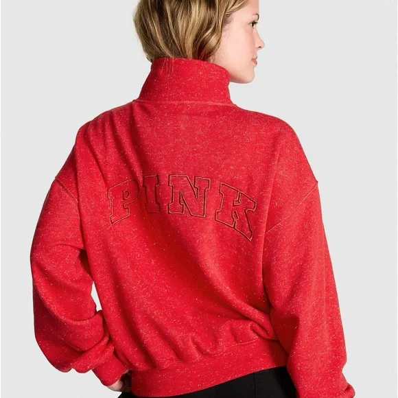 PINK Victoria's Secret Red Speckled Quarter-Zip Hoodie Medium nWT - Picture 2 of 3